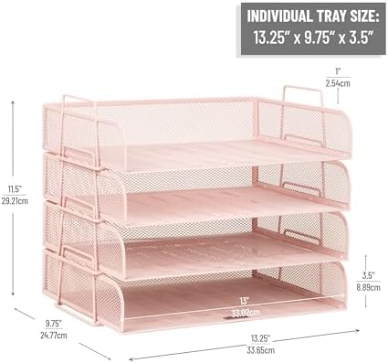 Mind Reader Stackable Paper Tray, Desktop Organizer, File Storage, Office, Metal Mesh, 4 Pcs., Pink - Image 3
