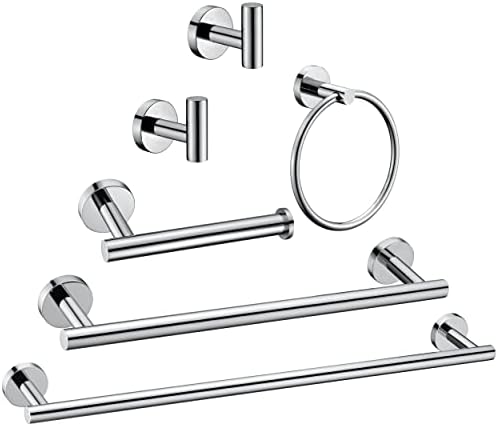 6 Pieces Polished Chrome Bathroom Hardware Accessories Set Hand Towel Ring 16&23.6 inch Round Towel Bar Toilet Paper Holder Towel Hooks 2 Pieces SUS 304 Stainless Steel,Heavy Duty,Wall Mounted by Meetuniquestylesandneeds