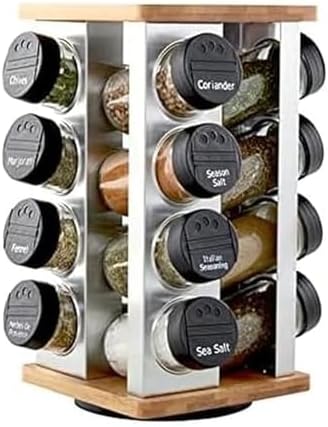 Kamenstein 16 Jar Warner Revolving Countertop Spice Rack Organizer with Lift & Pour Caps and Spices Included, FREE Spice Refills for 5 years, Stainless Steel & Bamboo with Black Caps by Kamenstein