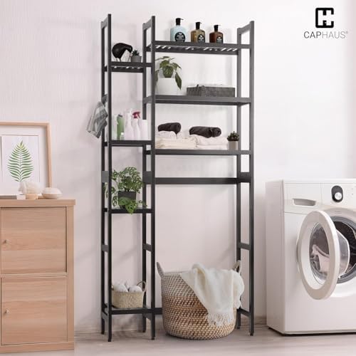 CAPHAUS Over -The -Toilet Storage Shelf,7-Tier Bamboo Bathroom Organizer Shelf Rack Over Toilet with Adjustable Feet & Hooks, Freestanding Toilet Shelf for Bathroom Laundry Balcony Plant Stand,Black - Image 7