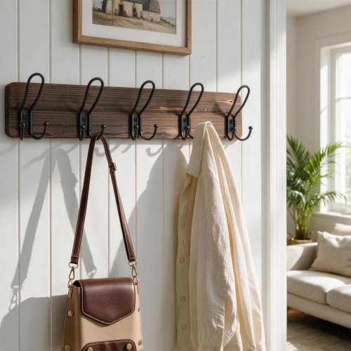 SKOLOO Coat Rack Wall Mount, Solid Wood Wall Mounted Coat Rack with Hooks, 24 Inch Wooden Coat Hooks for Wall, Rustic Entryway Hallway Organizer, Pre-Assembled, Wood Brown - Image 2