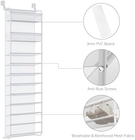 Whitmor 27 Pair Over The Door Shoe Organizer, 11 Tier Hanging Shoe Organizer, Heavy Duty Metal & Mesh Shoe Holder, Hanging Shoe Rack for Closet Organizer & Storage, 7.5 L x 21.7 W x 79.9 H, White - Image 4