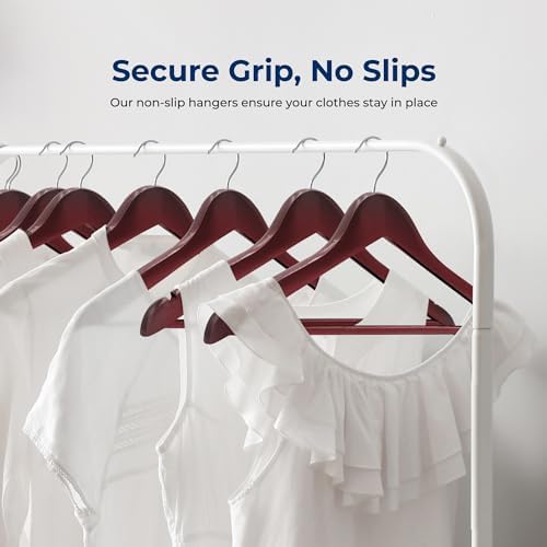SereneLife 60-Pack Wooden Hangers Cherry Finish – Heavy Duty Suit & Clothes Hangers with Non-Slip Notches, Pants Bar, 360° Swivel Chrome Hook, 10 lb Capacity, Space Saving Closet Organization - Image 3