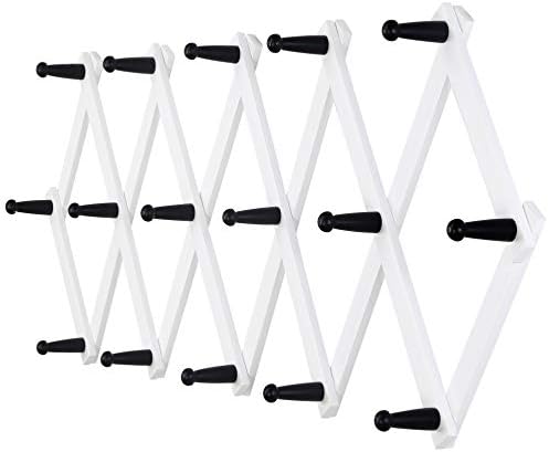 Dseap Accordian Wall Hanger: 16” High Wooden Wall Expandable Coat Rack, Hat Rack Holder, Accordion Hook for Baseball Caps, Coats, Mugs, 16 Peg Hooks, White & Black by Dseap