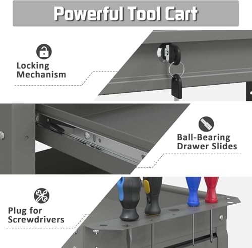 3 Tray Rolling Tool Cart with Drawers, 400 LBS Capacity Mechanic Tool Cart on Wheels, Heavy Duty Utility Cart with Pegboard, Metal Work Cart for Garage and Repair Shop, Grey - Image 6