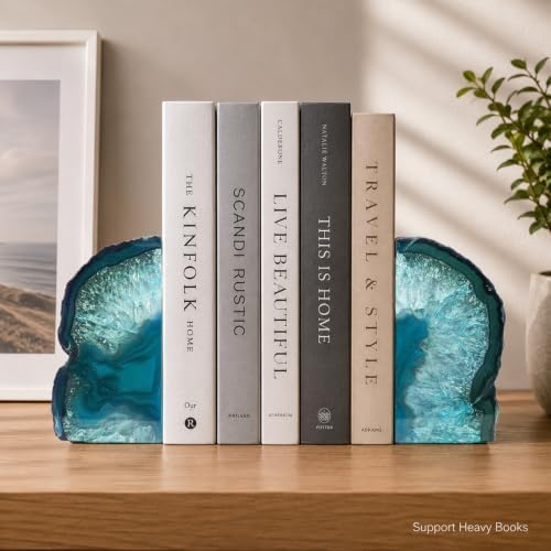 AMOYSTONE Teal Agate Bookends, Decorative Sturdy Book Ends for Study Shelf - Image 3