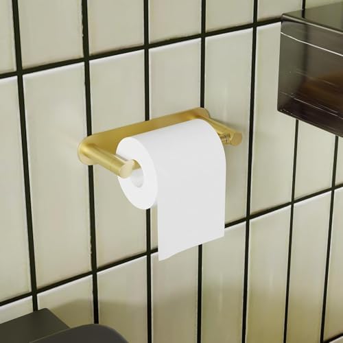 Adhesive Toilet Paper Holder, Self Adhesive Double Post Pivoting Toilet Tissue Holder, Stick on No Drilling Toilet Paper roll Holder for Bathroom, Stainless Steel and Zinc Alloy, Brushed Gold, 2Pack - Image 5