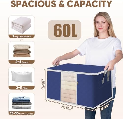 BALEINE 8 Pack Clothes Storage Bags, 16 Gallon Storage Containers with Reinforced Handle, Sturdy Zipper, Closet Organizer for Blanket, Comforter, Pillow, Bedding (Blue, 8 Pack) - Image 3