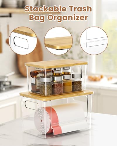 Trash Bag Dispenser 2 Pack, Stackable Trash Bag Holder with Bamboo Lid – Clear Plastic Garbage Bag Organizer for 4-33 Gal Bags, Space-Saving Under Sink Organizer for Kitchen, Laundry, Pantry - Image 2