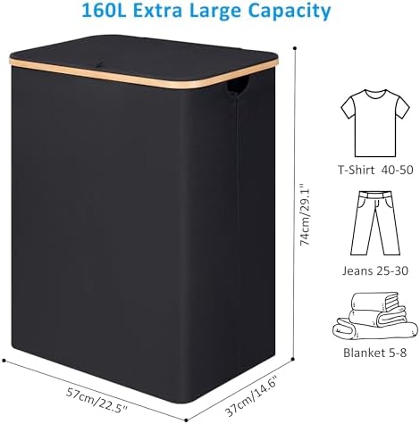 efluky Double Laundry Hamper with Lid, Divided Laundry Hamper with Removable Bags, 2 Section Dirty Clothes Basket with Handles for Bathroom, Bedroom & Laundry Room, 160L Black - Image 4