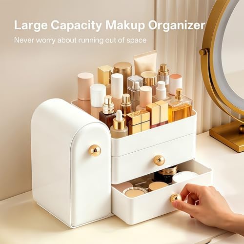 HBlife Makeup Organizer Countertop with Drawers, Vanity Organizers with Brush Holder, Bathroom Counter Organizer for Perfume, Nail Polishes, Lipsticks, Skincare and Eyeshadow Palettes, White - Image 4