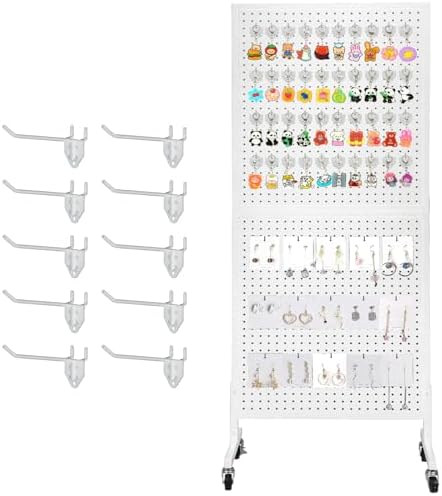 NectaCol 2'x 5' Standing Pegboard Display with T-Base, Pegboard Display Stand with Wheels, Metal Peg Board Display Rack, Art Display Stand, Extra 10 Pieces Hooks - White by NectaCol