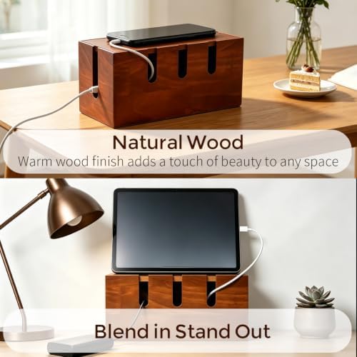 Wooden Cable Management Box, Power Strip Cord Hider with 5 Cable Slots - Image 5