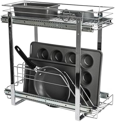 Household Essentials Glidez Multipurpose Chrome-Plated Steel Pull-Out/Slide-Out Dual-Sliding Storage Organizer for Cookware and Bakeware - 2-Tier Design - Fits Standard Size Cabinet or Shelf, Chrome by HouseholdEssentials