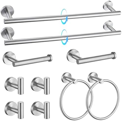 TQKAG Brushed Nickel Bathroom Hardware Accessories Set - 10-Piece Premium SUS304 Stainless Steel Towel Bar Holder Set with 23.6 Inch Round Towel Racks for Wall Mounted Bathroom by TQKAG