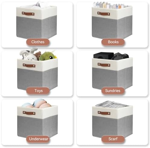 SNWDN 4 Pack Collapsible Fabric Storage Baskets with Handles (White/Grey 11x11x11 Inches) - Image 4