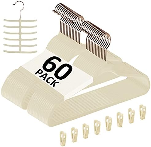 VECELO Premium Velvet Clothes Hangers Suit Heavy Duty (60 Pack)-Non Slip & Space-Saving with 8 Finger Clips & Tie Rack Excellent for Men and Women,Beige by VECELO
