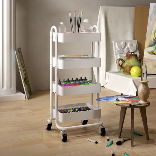 4 Tier Metal Rolling Cart with Wheels,4 Tier Utility Cart with Wheels for Office,Home,Kitchen,Garden（13.4"x18.1"x40"） White - Image 2