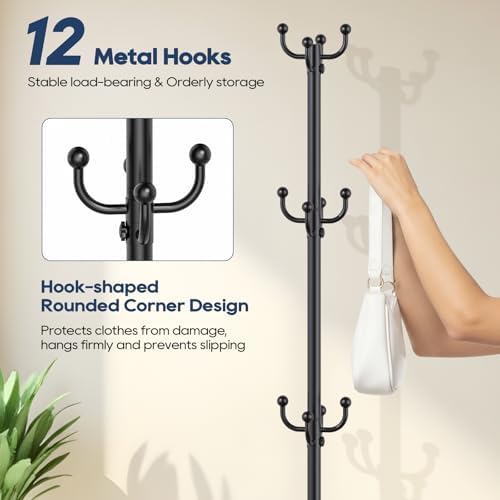 Coat Rack Freestanding, Black Coat Rack with Umbrella Holder, standing hat rack umbrella stand for entryway, coat hanger stand with 12 Hooks, office coat tree for Hat, Umbrella, jacket, Bag, Clothes - Image 3