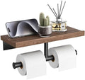 Tindbea Double Toilet Paper Holder with Wood Shelf, Wooden Wall Mount Toilet Paper Roll Holder, Matte Black Stainless Steel Bathroom Toilet Tissue Holder (Walnut) by Tindbea