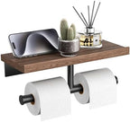 Tindbea Double Toilet Paper Holder with Wood Shelf, Wooden Wall Mount Toilet Paper Roll Holder, Matte Black Stainless Steel Bathroom Toilet Tissue Holder (Walnut) by Tindbea