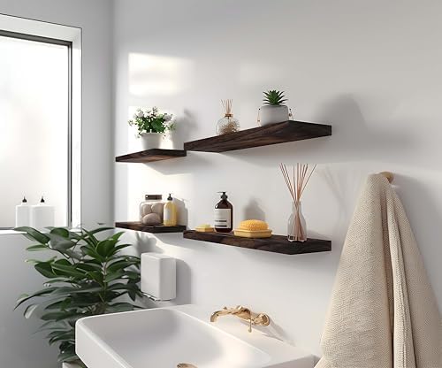 YYWUOJJ Wood Floating Shelves for Wall Decor, Rustic Wall Shelves for Bedroom Bathroom Kitchen Living Room, Set of 4 Walnut - Image 3
