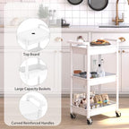 Steehoom 3-Tier Utility Rolling Cart with Cover Top Board, Mobile Utility Cart with Lockable Casters Multi-Functional Storage Trolley for Office, Bathroom, Kitchen, Garden, Laundry Room (White) - Image 2