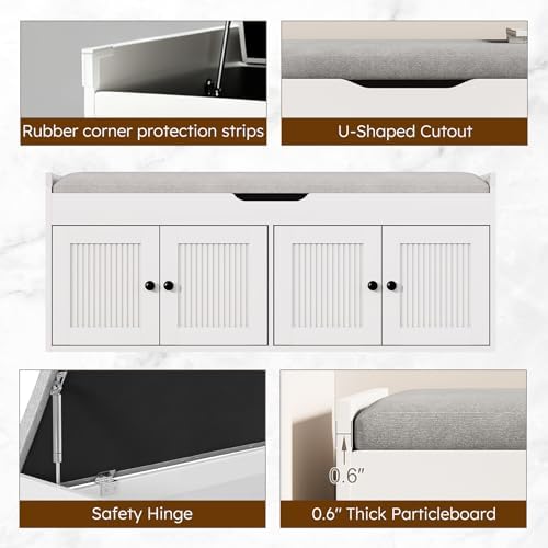47.2" Storage Bench - Entryway Shoe Bench with 4 Doors and Top Storage Area, Multifunctional Entryway Bench with Lift Top Cushion, Shoe Storage Bench for Bedroom, Living Room, White - Image 6