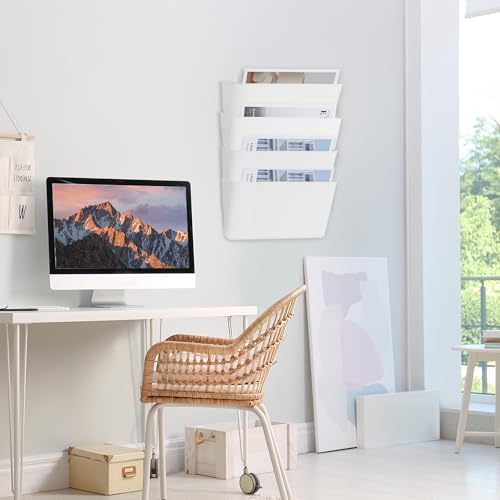 EASEPRES 4 Pack White Plastic Single Pocket Hanging File Organizer, Wall Mount Paper Mails Magazines Holder, Mounted Folder Bins for Office, School and Home, 12.99x4.13x7.48 inches - Image 5