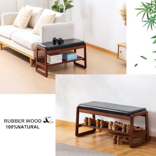 latifolia Solid Wood Bench, Entryway Shoe Bench with Cushion, 2 Tier Shoe Storage Organizer for Hallway, Living Room(Black,39.70''L) - Image 6