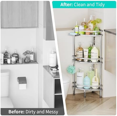 HapiRm Standing Corner Shower Caddy - 3 Tier Shower Organizer Corner with Soap Holder and 4 Hooks, Rustproof Bathroom Storage Shelves with Adhesives, Silver - Image 6