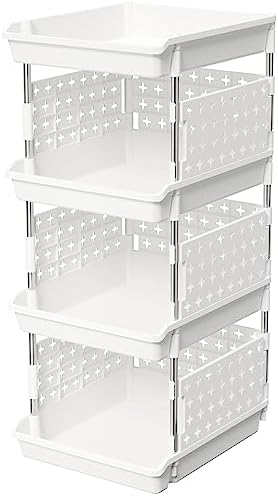 Lifewit Plastic Stackable Storage Baskets, 4 Tier Stacking Bins for Food and Clothes, Multifunctional Organizer for RV, Kitchen, Playroom, Pantry and Bathroom, 13.8"D x 11.8"W x 28.3"H, 1 Pack, White by Lifewit