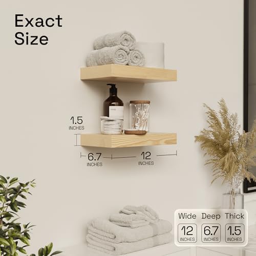 Wood Floating Shelves for Wall 12 Inch, Natural Wood, Small Wooden Shelf - Image 2