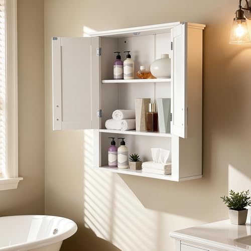 SUPER DEAL Bathroom Wall Cabinet Over The Toilet, Wall Mount Storage Medicine Laundry Cabinet with Two Doors and Three Adjustable Shelves, White - Image 4