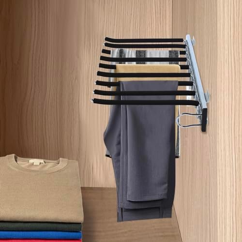 9 Arms Steel Slide Out Pants Rack Closet Pants Hanger Bar Pull Out Trousers Rack Tie Belts Scarf Racks, Wardrobe Clothes Organizers Rail Pull Out Closet Storage Rod-(Right Side Mounts) - Image 3
