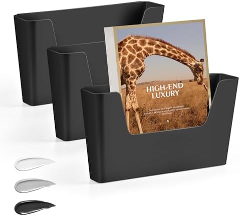 JOMOLA No Drilling File Holder 3 Pack Mail Organizer Wall Mount File Organizer Holder Office Wall Hanging Files Magazines Organizer Plastic Door Mount Wall Pocket with Adhesive Pad, Black Color by JOMOLA