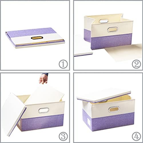 PRANDOM Collapsible Storage Bin with Lid [3-Pack] Fabric Foldable Storage Box Organizer Container Basket Cube with Cover for Home Bedroom Closet Office Nursery Purple&Cream(14.9x9.8x9.8) - Image 5
