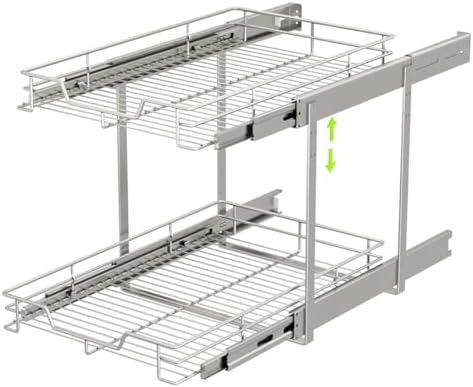 EZKAZA Pull Out Cabinet Organizer 7.5" W x 21" D, 2-Tier Kitchen Cabinet Pullout Shelf and Drawer Organizer Slide Out Pantry Storage Basket, 6.2" W x 21" D x 2.4" H for Bottom Basket Size - Image 7