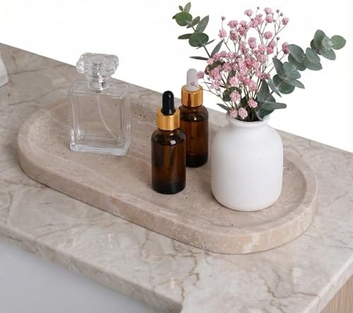 Travertine Vanity Tray for Bathroom Counter, 10"x5" Natural Marble Tray, Hand Polished, Perfume Organizer with Non-Slip Base, Candles, Stone Jewelry Dish (Travertine Beige, 9.8X4.7) by Casacouture