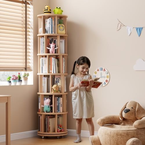 Muwuele 6 Tier Solid Wood Rotating Bookshelf Tower on Wheels, Natural - Image 3