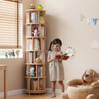 Muwuele 6 Tier Solid Wood Rotating Bookshelf Tower on Wheels, Natural - Image 3