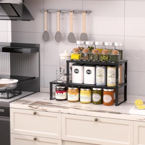 Heavy-Duty Adjustable Metal Shelf Organizer - Expandable & Stackable Pantry Storage Rack for Kitchen, Bathroom, RV, Cabinets(2 Packs/Black, Large) - Image 2