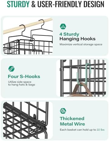 Hanging Closet Organizer, 4 Tier Metal Closet Organizers and Storage with 4 Hanging Hooks 4 S-Hooks for Wardrobe Laundry Room, Wire Storage Shelf for Clothes Sweaters Pants (Black) - Image 4