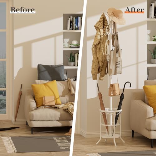 Coat Rack Freestanding with Umbrella Holder – Metal Hanger Stand, Hall Tree with 12 Hooks, Entryway Organizer for Hats, Bags, and Clothes (White) - Image 4