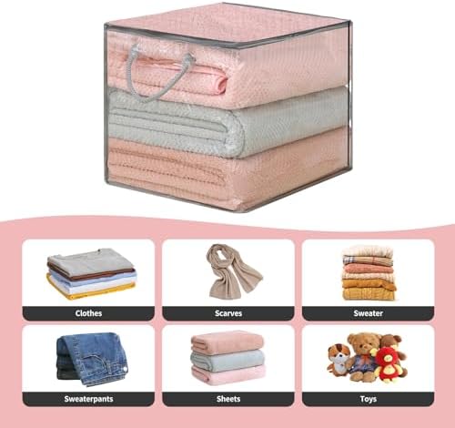10 PCS Clear Zippered Storage Bags with Handles,Sweater Storage with Two-way Zipper,Foldable Closet Organizer Bed Sheet Organizer,Cube Plastic Organizer,Bag,Bin,for Clothes,Towel-GY - Image 4