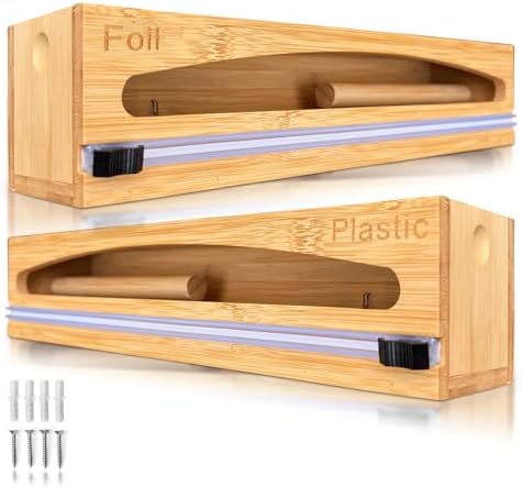 Wrap Organizer Dispenser with Cutter, (2 Piece Set), Fits 12" Rolls, Plastic Wrap, Aluminum Foil, Wax Paper, Saran Wrap, Cling Wrap Holder for Kitchen Storage, Mountable, Bamboo by NovaNest