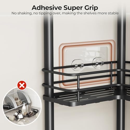Orimade Rustproof 4 Tier Floor Standing Corner Shower Caddy Organizer with Toothbrush Holder, Large Spacing Floor Shower Shelf Rack Storage Stands with Hooks for Bathroom Kitchen, Black - Image 5