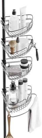 Zenna Home Tension Pole Shower Caddy Corner Organizer, Adjustable Standing Shower Caddy with 4 Baskets and Built in Towel Bar, Rust Resistant Bathroom Tension Rod Organizer, 60 to 97 Inch, Matte Black by ZennaHome