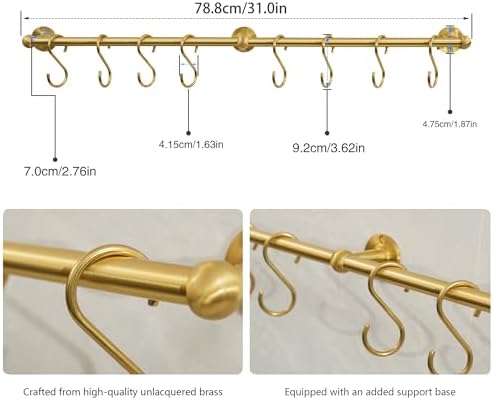 31 Inch Brass Pot Rack Wall Mounted, Kitchen Rail with Hooks for Pots, Pans, Mugs and Utensils, Segmented Wall Hanging Rack, Includes 8 S-Hooks - Image 2
