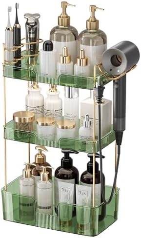 Aveniee Bathroom Counter Organizer,3 Tier Skincare Perfume Countertop Storage with Hair Dryer Rack and Toothbrush Holder, Cosmetic Makeup Tray for Vanity - Green by Aveniee